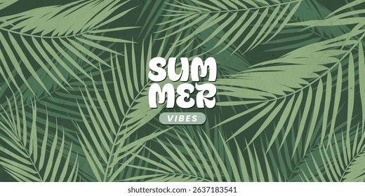 A seamless tropical pattern featuring overlapping palm fronds in various green shades on a textured dark green background. The bold “Summer Vibes” typography in the center adds a fresh and energetic.