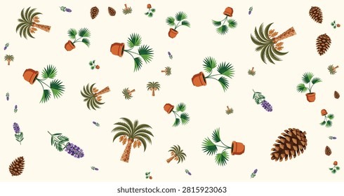 Seamless tropical pattern featuring palm leaves pinecones and vibrant flowers in earthy shades ideal for nature themed backgrounds and textile designs