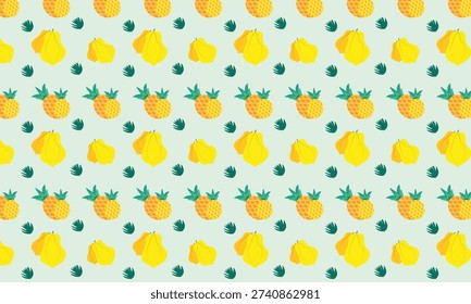 Seamless tropical pattern featuring pineapple, papaya, and tropical leaves on a light-colored background. Bright and fresh summer design with exotic fruits and lush foliage arranged in a repeating layout. Perfect for textile prints, fabric design, wallpaper, packaging, wrapping paper, stationery, and surface pattern projects. Vibrant tropical illustration ideal for summer, botanical, and food-themed designs.