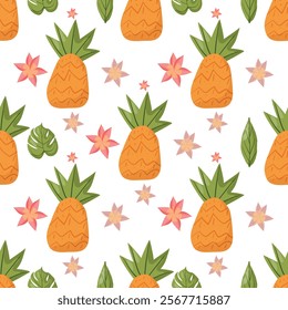 Seamless tropical pattern featuring pineapples, green leaves, and pink flowers on a light blue background. Perfect for summer designs, textiles, packaging, and decorative projects