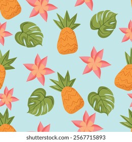 Seamless tropical pattern featuring pineapples, green leaves, and pink flowers on a light blue background. Perfect for summer designs, textiles, packaging, and decorative projects