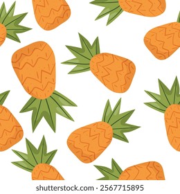 Seamless tropical pattern featuring pineapples, green leaves, and pink flowers on a light blue background. Perfect for summer designs, textiles, packaging, and decorative projects