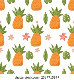 Seamless tropical pattern featuring pineapples, green leaves, and pink flowers on a light blue background. Perfect for summer designs, textiles, packaging, and decorative projects