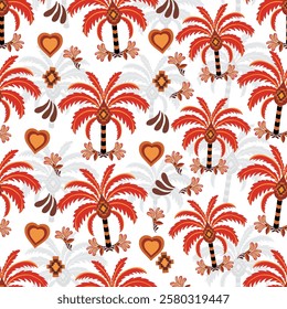 A seamless tropical pattern featuring red palm trees, tribal motifs, hearts, and florals in warm earthy tones. A bohemian-inspired exotic design, perfect for textiles, wallpapers, and digital art