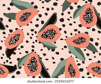 Seamless tropical pattern featuring stylized papaya fruits, green leaves, and black speckles on a light peach background. Perfect for summer textiles, wallpapers, or vibrant designs.