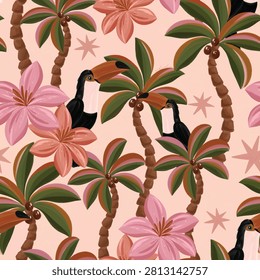 Seamless tropical pattern featuring toucans, palm trees, and pink exotic flowers on a soft pastel background.

