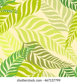 Seamless tropical pattern with fern leaves, palm fronds. Bright vector summer time background for use in design, web site, packaging, textiles, wallpaper, paper.