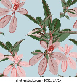 Seamless tropical pattern with ficus elastica, palm leaves and exotic flowers. Vector illustration on light background.