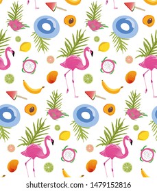 Seamless tropical pattern with flamingo, lemon, ice cream, dragon fruit