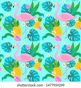Seamless tropical pattern. Flamingo. Vector