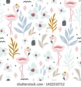 Seamless tropical pattern with flamingos, flowers, leaves. Creative scandinavian pastel texture for fabric, Vector illustration