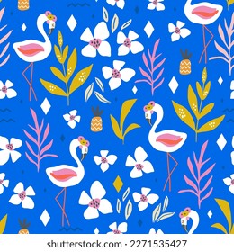 Seamless tropical pattern with flamingos, flowers, leaves. Creative summer texture for fabric, wrapping, textile, wallpaper, apparel. Vector illustration