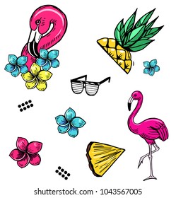 Seamless tropical pattern with flamingos, pineapple, flowers. Vector illustration