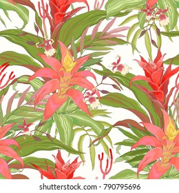 Seamless tropical pattern with flower Guzmania, Orchid and green foliage. Vector illustration in vintage style.