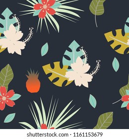 Seamless tropical pattern with flowers, herbs, leaves and pineapple Floral design with plants as texture, fabric, clothes. Vector illustration on dark background