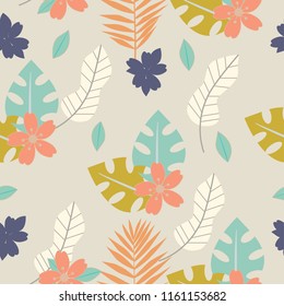 Seamless tropical pattern with flowers, herbs and leaves. Floral design with plants as texture, fabric, clothes. Vector illustration