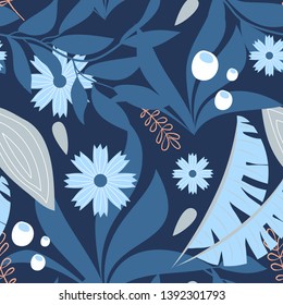 Seamless tropical pattern with flowers and leaves on blue background. Vector design. Flat jungle print. Floral background.