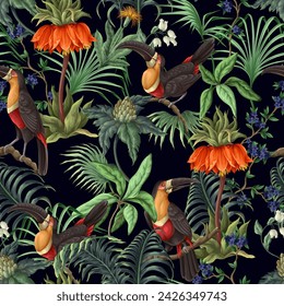 Seamless tropical pattern with flowers, leaves and toucan. Vector