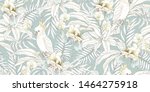 Seamless tropical pattern with flowers Orchid, Fleur de lis, leaves and Parrot Cockatoo. Vector illustration in vintage style.