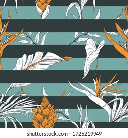 Seamless tropical pattern with flowers, palm leaves and stripes