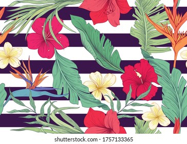 Seamless tropical pattern with flowers, palm leaves and stripes