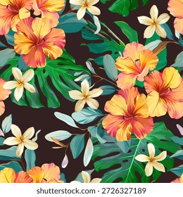 Nahtloses tropisches Muster mit Blumen, Pflanzen. Paradies Hintergrund, hawaiianische Muster.