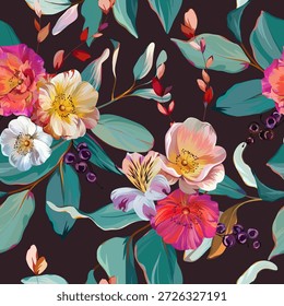 Nahtloses tropisches Muster mit Blumen, Pflanzen. Paradies Hintergrund, hawaiianische Muster.