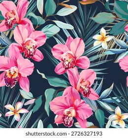 Nahtloses tropisches Muster mit Blumen, Pflanzen. Paradies Hintergrund, hawaiianische Muster.