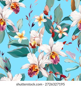 Nahtloses tropisches Muster mit Blumen, Pflanzen. Paradies Hintergrund, hawaiianische Muster.