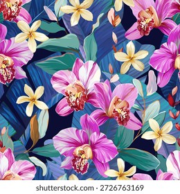 Nahtloses tropisches Muster mit Blumen, Pflanzen. Paradies Hintergrund, hawaiianische Muster.