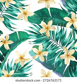 Nahtloses tropisches Muster mit Blumen, Pflanzen. Paradies Hintergrund, hawaiianische Muster.