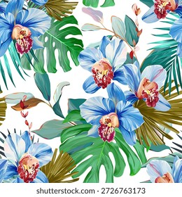 Seamless tropical pattern with flowers, plants. Paradise background, Hawaiian pattern.