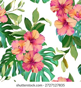Seamless tropical pattern with flowers, plants. Paradise background, Hawaiian pattern.