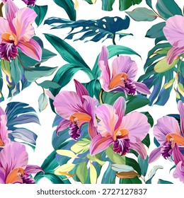 Nahtloses tropisches Muster mit Blumen, Pflanzen. Paradies Hintergrund, hawaiianische Muster.