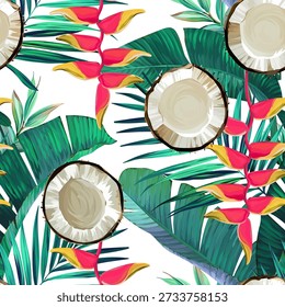 Seamless tropical pattern with flowers, plants. Paradise background, Hawaiian pattern.