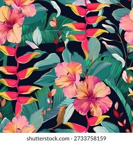 Seamless tropical pattern with flowers, plants. Paradise background, Hawaiian pattern.