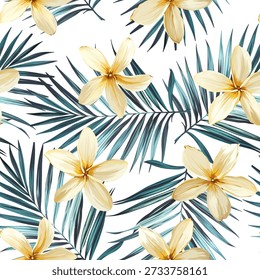 Seamless tropical pattern with flowers, plants. Paradise background, Hawaiian pattern.