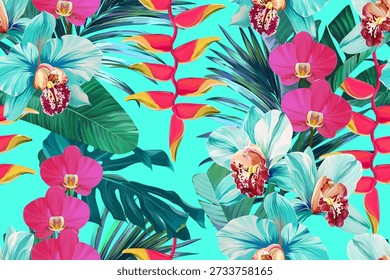 Seamless tropical pattern with flowers, plants. Paradise background, Hawaiian pattern.