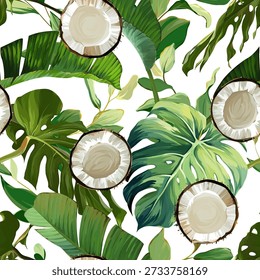 Seamless tropical pattern with flowers, plants. Paradise background, Hawaiian pattern.