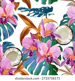 Seamless tropical pattern with flowers, plants. Paradise background, Hawaiian pattern.