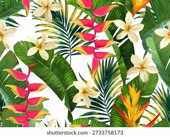 Seamless tropical pattern with flowers, plants. Paradise background, Hawaiian pattern.