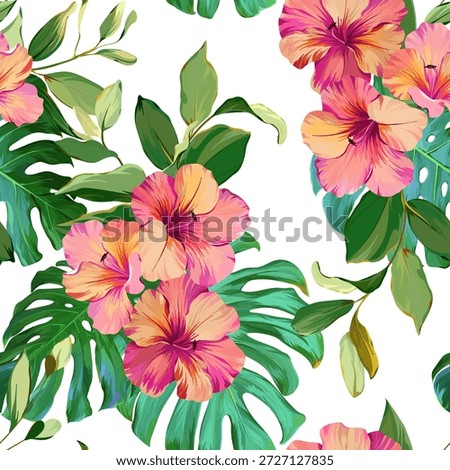 Seamless tropical pattern with flowers, plants. Paradise background, Hawaiian pattern.