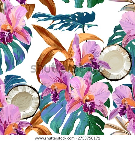 Seamless tropical pattern with flowers, plants. Paradise background, Hawaiian pattern.