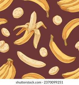 Seamless tropical pattern with fresh banana bunches and peeled slices. Endless fruity texture design for printing and decoration. Hand-drawn vector illustration of exotic ripe summer fruits.