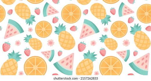 Seamless tropical pattern with fruits and berries on white background