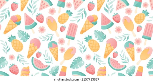 Seamless tropical pattern with fruits, berries and ice cream on white background