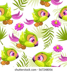 Seamless tropical pattern with funny little cartoon parrots, palm leaves and flowers. Vector texture.