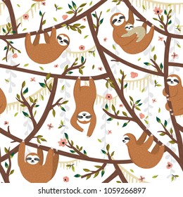 Seamless tropical pattern with funny sloths hanging on the tree includes mother with baby. Adorable cartoon animal background. Vector rainforest set of cute sloths, flowers, leaves