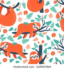 Seamless tropical pattern with funny sloths hanging on the tree. Adorable cartoon animal background. Rainforest set of cute sloths, flowers, leaves. Hand drawn design for fabric in scandinavian style