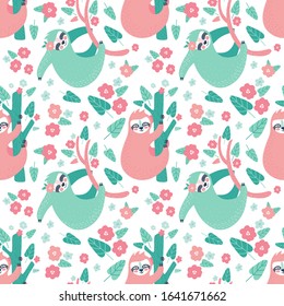 Seamless tropical pattern with funny sloths hanging on the tree. Adorable cartoon animal background. Rainforest set of cute sloths, flowers, leaves. Hand drawn design for fabric in scandinavian style